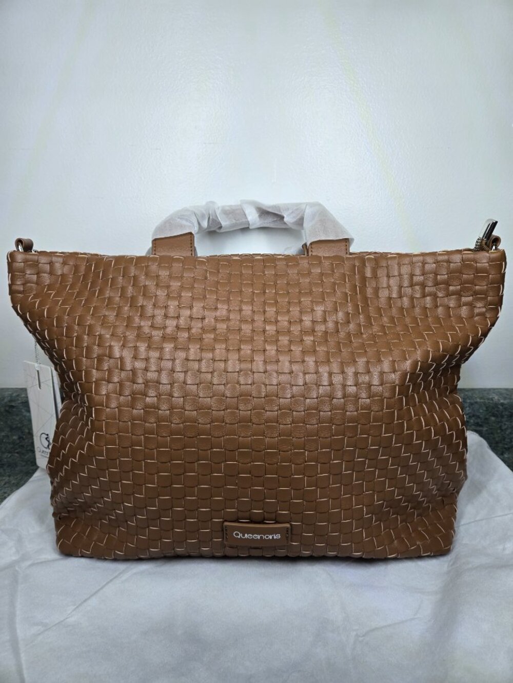 Queenoris Woven Vegan Leather Handbag Brown Shoulder Tote Purse with Strap New